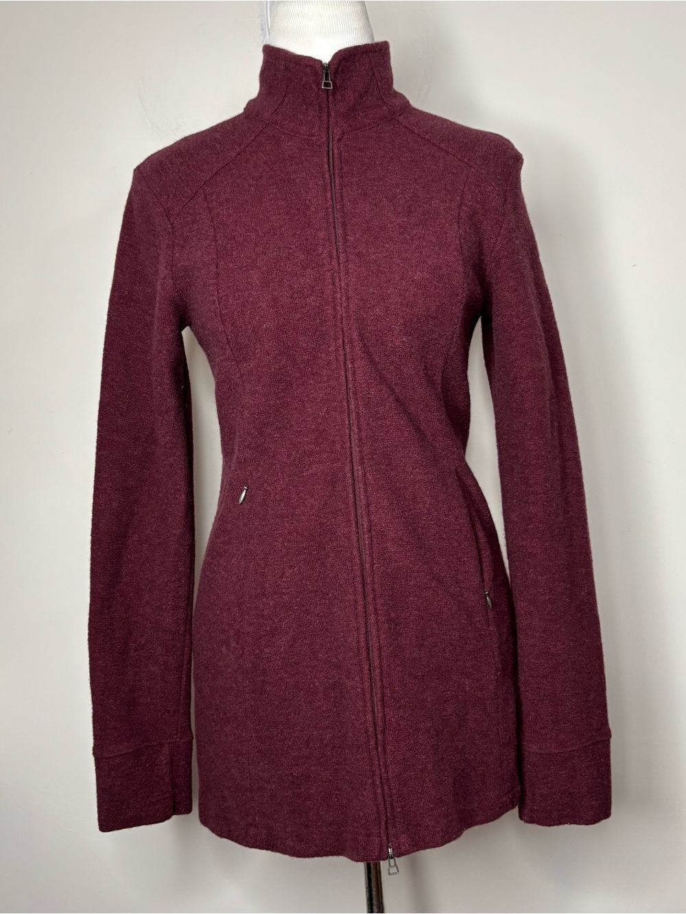 IBEX Merino Wool Full Zip Long Cardigan Sweater Jacket Coatigan USA Cranberry S